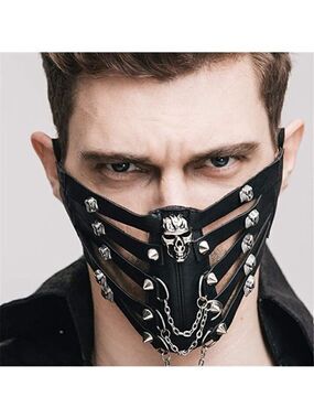 BLACK leather skull chain stud face mask slave bondage BDSM costume cosplay NWT